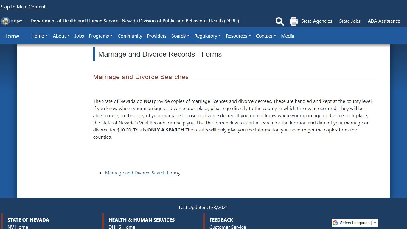 Marriage and Divorce Records - Forms - Nevada